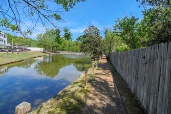 A small pond next to a fence and trees